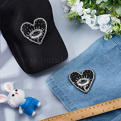 布製コンピューター刺繍縫い付けパッチ2個  スパンコールアップリケ  マスクと衣装のアクセサリー  ビーズで  ハート＆アイ  ブラック  71x69x4.5mm&nbsp;PATC-FH0001-39B