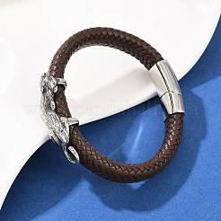 11.5mmマイクロファイバーレザー編み紐ヒョウ柄ブレスレット  304ステンレススチール製マグネット留め具付き  アンティークシルバー  ココナッツブラウン  8-3/4インチ（22.3cm）&nbsp;BJEW-H631-02AS-02