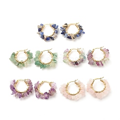 天然石チップ編みフープピアス  女性用304ステンレススチールワイヤーラップジュエリー  25~27x28~33x7~9mm  ピン：0.6mm&nbsp;EJEW-JE04940