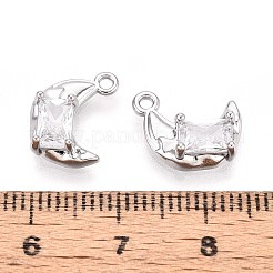 真鍮製マイクロパヴェキュービックジルコニアペンダント  ムーンチャーム  プラチナ  13x9~9.5x4~4.5mm  穴：1.2~1.4mm&nbsp;KK-T071-42P