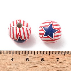独立記念日のテーマの木製ヨーロッパビーズ  大穴ビーズ  ラウンド  印刷  スター  15.5mm  穴：4.5mm&nbsp;WOOD-I014-01E