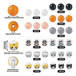 160スタイルプリントの猫と犬のウッドビーズ11個。  ラウンド  ミックスカラー  16x15~16mm  穴：3.5~4mm&nbsp;WOOD-TA0001-74