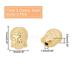 真鍮ビーズ  仏頭  ミックスカラー  11x9x8.5mm  穴：1.5mm  3色  2個/カラー  6個/箱&nbsp;KK-PH0001-32