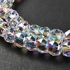 透明電気メッキガラスビーズ連売り  半分虹メッキ  多面カット  バレル  透明  8x6mm  穴：1.2mm  約64個/連  14.96''（38センチメートル）&nbsp;EGLA-K071-02C