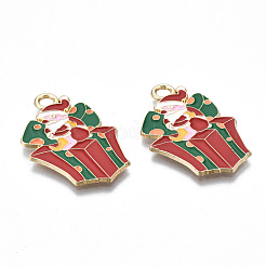 環境に優しい合金エナメルペンダント  カドミウムフリーと鉛フリー＆ニッケルフリー  クリスマスのために  サンタクロースのギフトボックス  ライトゴールド  レッド  33x21x1mm  穴：3mm&nbsp;ENAM-Q437-062-NR