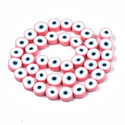 手作り樹脂粘土ビーズ連売り  目でフラットラウンド  ピンク  8~11x4mm  穴：1.2mm  約40個/連  13.98インチ〜15.35インチ（35.5cm〜39cm）&nbsp;X-CLAY-S096-041B