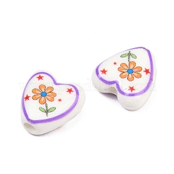 花柄プリントの磁器ビーズ  花柄のセラミックビーズがあしらわれたハート  暗紫色  15x14.5~15.5x6.5~7mm  穴：3.5mm&nbsp;PORC-A033-01G