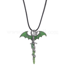 合金エナメルドラゴンラップ剣ペンダントネックレス  ワックスコードのネックレス  アンティークシルバー  グリーン  17.83インチ（45.3cm）&nbsp;NJEW-V005-02P-01