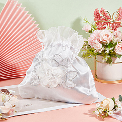 ブライダルウェディング用小銭入れシルクポーチ2個  巾着袋  プラスチック製のビーズと  3 d の花の四角形  ホワイト  22.1x22.5x0.9cm&nbsp;ABAG-CP0001-21