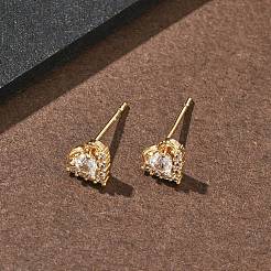 女性用真鍮マイクロパヴェクリアキュービックジルコニアスタッドピアス  ハート  18KGP本金メッキ  6x6.5mm&nbsp;EJEW-F403-04G