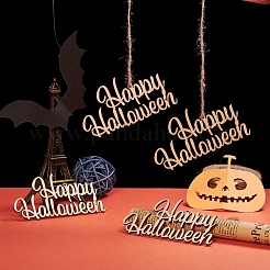 単語幸せなハロウィンの空白の木製の切り欠きの装飾品  ハロウィンハンギングデコレーション用  キッズクラフトdiyパーティー用品  バリーウッド  56x108x2mm  穴：2.5mm  ロープ：320x1mm&nbsp;WOOD-L010-01