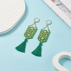 グラスシードヘキサゴン、コットンタッセル付きダングルフレンチフックピアス  女性用ゴールド 304 ステンレススチール ロングドロップイヤリング  グリーン  90mm  ピン：0.8mm&nbsp;EJEW-MZ00045