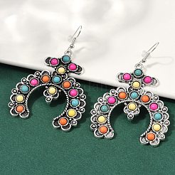 女性用合金合成ターコイズダングルイヤリング  クロス  アンティークシルバー  カラフル  68x44.5mm&nbsp;EJEW-U053-10AS-01