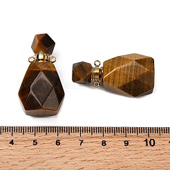天然タイガーアイ香水瓶ペンダント  ファセットカットの宝石のボトルチャーム、304ステンレススチール製金具付き  ゴールドカラー  35~35.5x20~20.5x13.5~14mm  穴：1.8mm&nbsp;G-B149-02G-07