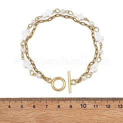 クロスナチュラルシェルリンクチェーンと304ステンレススチールペーパークリップチェーンの二重レイヤーブレスレット（女性用）  ゴールドカラー  7.48インチ（19cm）&nbsp;BJEW-JB13962