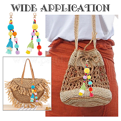 2個 2色 カラフル ボヘミアン ポンポンボール タッセル ポリエステル ペンダント デコレーション 木製ビーズ付き 女性用  キーホルダー 車のキーリング ハンドバッグ バッグ 財布 ペンダント用  ミックスカラー  205~210mm  1pc /カラー&nbsp;AJEW-WR0001-72