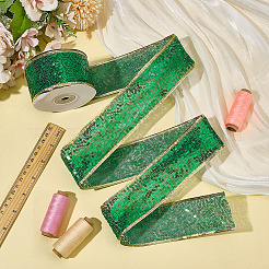 クリスマステーマ 10ヤード ポリエステルリボン  プラスチックpailletteの付き  フラット  グリーン  2インチ（50mm）  約10.00ヤード（9.14m）/ロール&nbsp;OCOR-WH0070-238A
