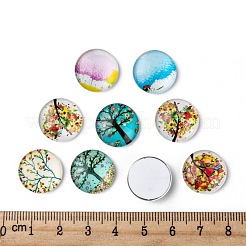 命の木印刷される半分ラウンド/ドームガラスカボション  ミックスカラー  16x5mm&nbsp;GGLA-A002-16mm-GG