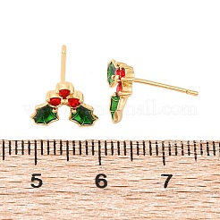 エナメル入りキュービックジルコニアチェリースタッドピアス  女性のための18KGP本金メッキ真鍮ジュエリー  カドミウムフリー＆ニッケルフリー＆鉛フリー  カラフル  9x10.5mm  ピン：0.7mm&nbsp;LS-EJEW-P199-14G