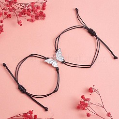 2 個ホワイト真鍮エナメルバタフライリンクブレスレットセット  恋人の親友のための調節可能なカップルのブレスレット  プラチナ  4-3/4~10-1/4インチ（12cm）&nbsp;JB732A