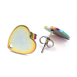 イオンプレーティング（IP）304ステンレススチールスタッドピアス金具  ピアスキャッチ/ピアスバックキャッチと穴付き  ハート形  虹色  12x13x1mm  ピン：0.8mm&nbsp;EJEW-O104-15MC