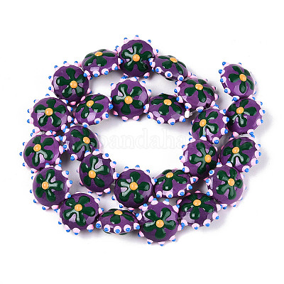 手作りランプワークビーズ  花付き凸凹したフラットラウンド  青紫色  18.5~20x10~11mm  穴：1mm&nbsp;LAMP-T023-25B-1