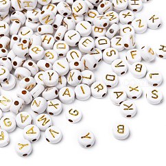 メッキアクリルビーズ  ネームブレスレット＆ジュエリー作り用  ライン入り  水平穴  混合文字  フラットラウンド  黄金メッキ  7x4mm  穴：1.8mm  約3650個/500g
