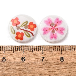 2穴プリント不透明樹脂ボタン  花付きフラットラウンド  ミックスカラー  15x2.8mm  穴：1.8mm&nbsp;RE-CBADF5A-15