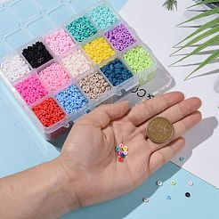 150g15色手作りポリマークレイビーズ  ヒシビーズ  ジュエリー工芸用品のDIY用  ディスク/フラットラウンド  ミックスカラー  4x1mm  穴：1mm  10 G /カラー&nbsp;CLAY-JP0001-14-4mm