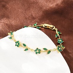 真鍮製パヴェキュービックジルコニアフラワーリンクチェーンブレスレット（女性用）  ラックめっき  長持ちメッキ  カドミウムフリー＆鉛フリー  18KGP本金メッキ  グリーン  7.44インチ（18.9cm）&nbsp;KK-CBA68DA-14G-10