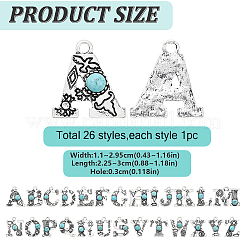 26個 26スタイル 合成ターコイズ&合金ペンダント  文字チャーム  アンティークシルバー  a～zの文字  22.5~27x11~29.5x4~5mm  穴：3mm  1個/スタイル&nbsp;FIND-YW0006-63