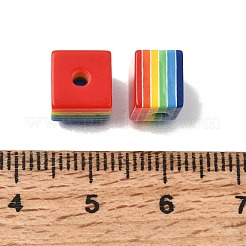 不透明な虹色のストライプ模様の樹脂ビーズ  キューブ  カラフル  8x8x6.5mm  穴：2mm&nbsp;RE-CBA0A57-07