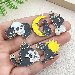 合金エナメルチャーム  頭蓋骨と月のチャームが付いた猫  ミックスカラー  10~30mm  8個/セット&nbsp;PW-WGB8D3D-01