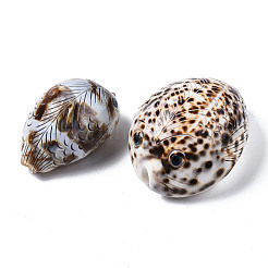 プリントされた天然のカウリーシェルビーズ  穴がない  魚  淡い茶色  57~72x37~52x31~38mm&nbsp;SSHEL-Q314-002