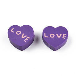 手作り樹脂粘土ビーズ  単語「love」付けのハート  ダークスレートブルー  9~10x9.5~10.5x4~4.5mm  穴：1.6mm&nbsp;CLAY-N010-084B-06