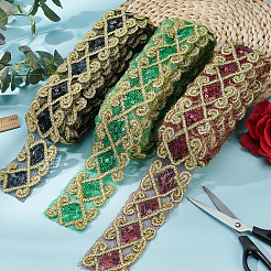 エスニック風刺繍ポリコットンリボン  ガーゼとスパンコール付き  ジャカードリボン  チロリアンリボン  服飾材料  菱形模様  ライムグリーン  2-1/2インチ（62mm）&nbsp;OCOR-WH0066-34C