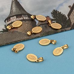 聖母マリアと文字が描かれた楕円形の 304 ステンレススチール製チャーム  ゴールドカラー  13.5x8x1.5mm  穴：4x7mm&nbsp;X-STAS-I036-12