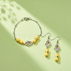 イービル アイ ハンドメイド ランプワーク イヤリング & ブレスレット セット  女性用ハムサ ハンド リンク ブレスレットとダングル イヤリング  アンティークシルバー  ブレスレット：7-1/2インチ（19.2cm）  ピアス：57mm  ピン：0.7mm&nbsp;SJEW-JS01250