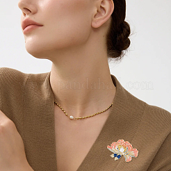 牡丹の花のエナメルピン6個  バックパックの服のための合金のラインストーンのブローチ  樹脂模造パールビーズ  ライトゴールド  35x49.5mm&nbsp;JEWB-FH0002-10