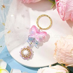 蝶のアクリルと花のガラスシードビーズのキーホルダー  鉄製の金具と天然の馬山翡翠ビーズ付き  プラム  8.4cm&nbsp;KEYC-MZ00007-03