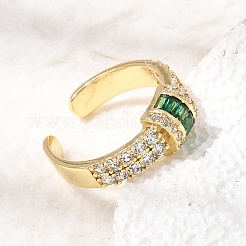 女性用真鍮マイクロパヴェキュービックジルコニアカフオープンリング  長持ちメッキ  ラックめっき  18KGP本金メッキ  グリーン  7mm  usサイズ7 1/4(17.5mm)&nbsp;RJEW-L343-04G-02