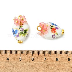 ハート型の手作り磁器ペンダント  花のアクリル製チャーム（真鍮製ループ付き）  ゴールドカラー  ライトサーモン  23x14.5x14.5mm  穴：2.5mm&nbsp;PALLOY-JF05915-02
