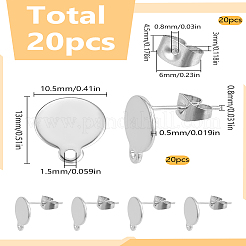 304ステンレススチールスタッドピアス金具20個  20個のイヤーナット付き  ステンレス鋼色  13x10.5x0.5mm  12mm  ピン：0.8mm  穴：1.5mm&nbsp;STAS-LP0001-77
