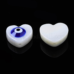 天然淡水シェルビーズ  エナメル  ナザールボンジュウ付きハート  ミディアムブルー  9~10x9.5~11x4mm  穴：0.8mm&nbsp;SHEL-N003-21B