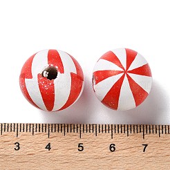 プリントウッドヨーロピアンビーズ  縞模様の丸い  レッド  20x18mm  穴：4mm&nbsp;WOOD-Z002-13E