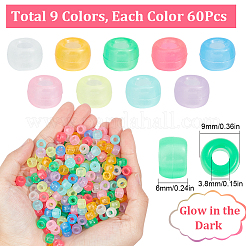 540 個 9 色の透明 & 蓄光プラスチックビーズ  艶消し  暗闇で光る  バレル  ミックスカラー  9x6mm  穴：3.8mm  60個/カラー&nbsp;KY-SC0001-85