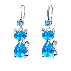 合金ラインストーンダングルピアス  猫の形  プラチナ  アクアマリン  36x12mm&nbsp;FS-WG213CF-03