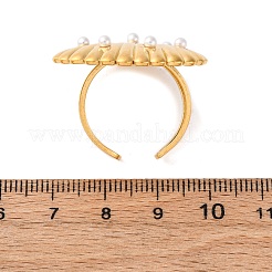 女性用ステンレススチール調節可能カフリング  模造パールと  シェル形状  ゴールドカラー  25x30mm  内径：19mm&nbsp;RJEW-B126-01G