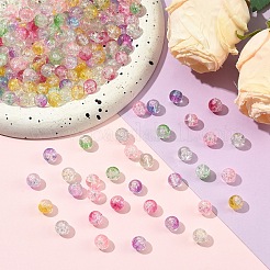 透明スプレー塗装クラックルガラスビーズ100個  金色の箔付き  ラウンド  春の緑  8~9mm  穴：1.2mm&nbsp;GLAA-YW0005-15A