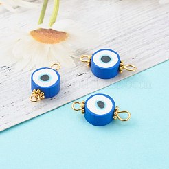 ナザールボンジュウポリマー粘土リンクコネクターを備えたフラットラウンド  304ステンレススチールアイピン付き  合金デイジースペーサービーズ  ゴールドカラー  ブルー  9~9.5x19~19.5x4.5~5mm  穴：2~2.5mm&nbsp;PALLOY-JF00719